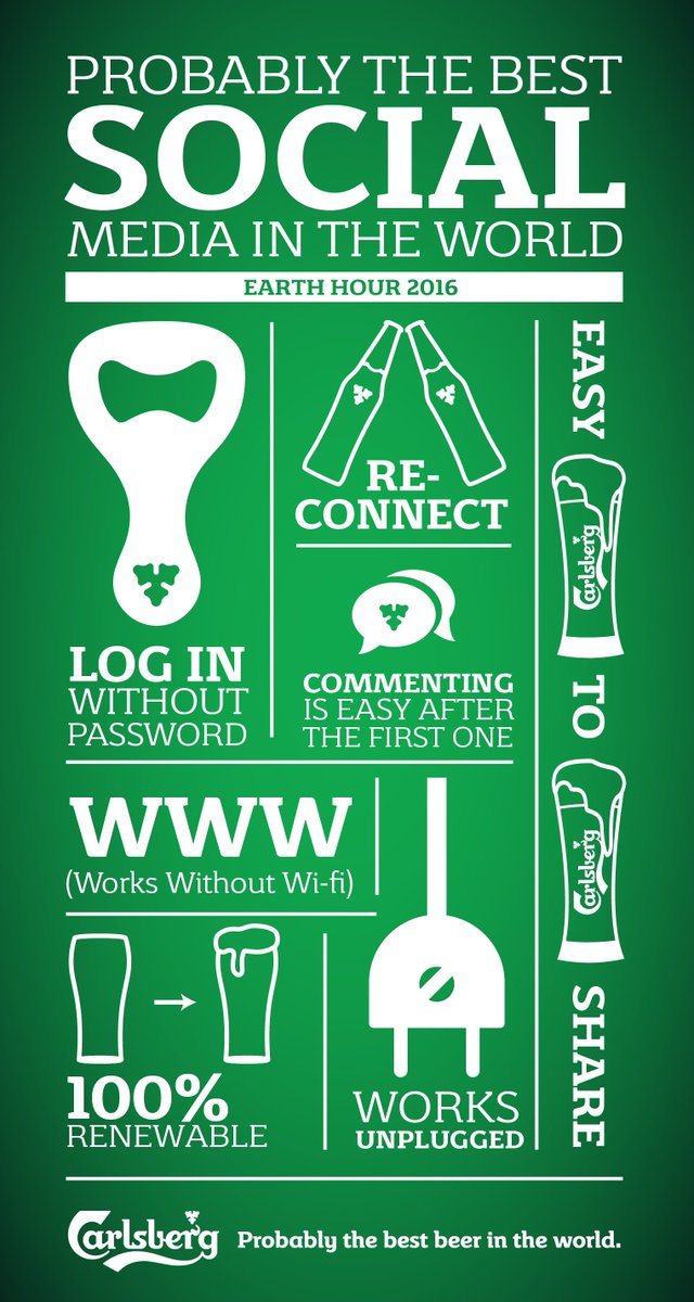 CarlsbergGroup's tweet image. Today 8.30-9.30pm take a break from social media, have a #Carlsberg with a real friend #UnplugToReconnect #EarthHour