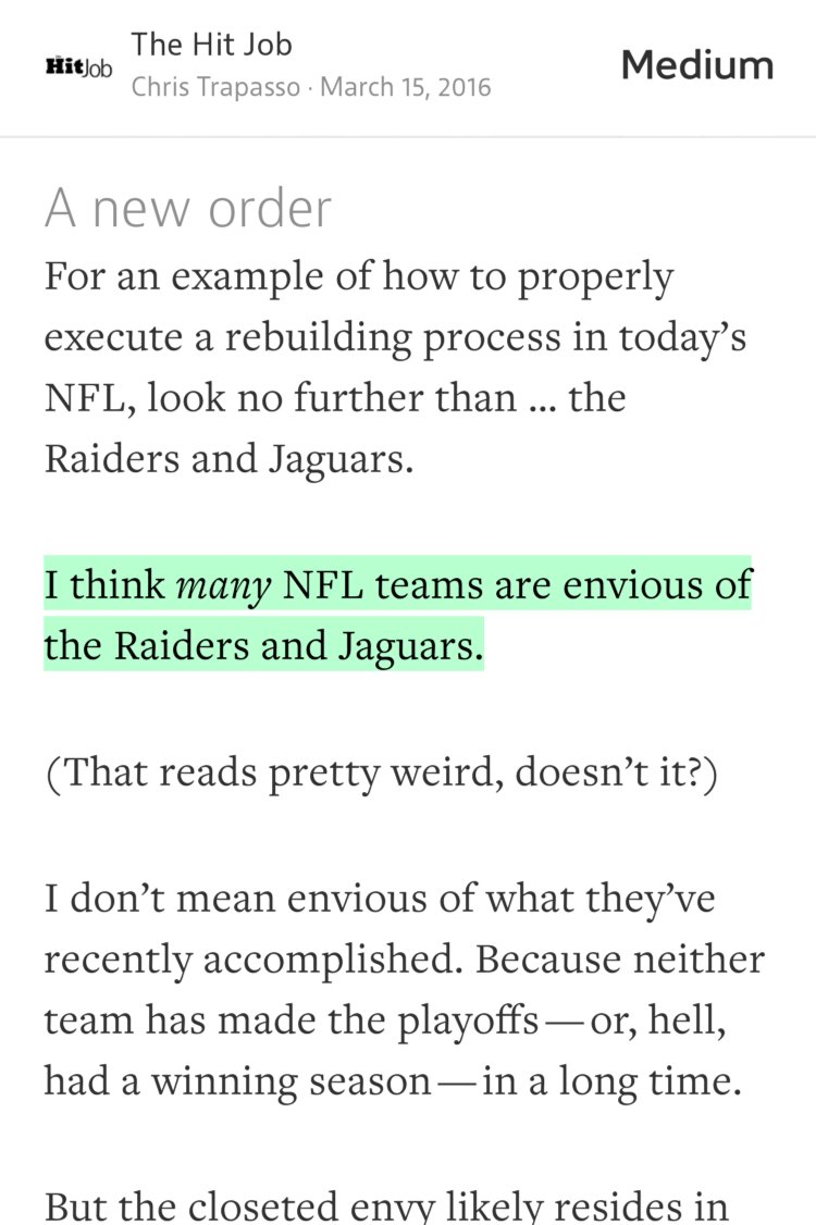 “I think many NFL teams are envious of the Raiders and Jaguars.” from “Do you, Cleveland Browns. Do you. You’re doing it right.” by Chris Trapasso.