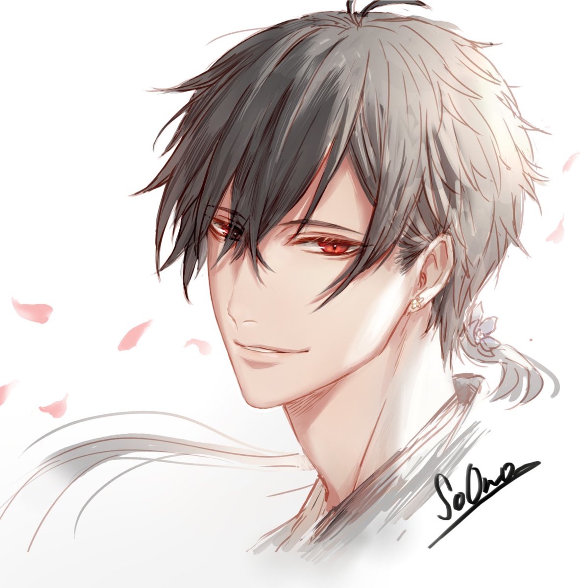 1boy male focus red eyes solo smile looking at viewer petals  illustration images