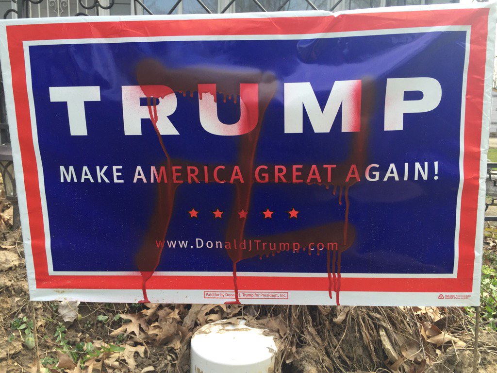 PaulOrlousky's tweet photo. Swastikas painted on local man's Trump signs.@cleveland19news @PaulOrlousky #CLEcurious https://t.co/lnmGqWPqDw