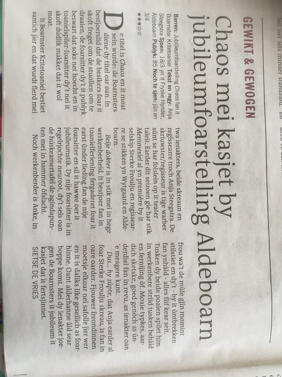 Hjoed yn <a href="/lc_nl/">Leeuwarder Courant</a> in resinsje fan it kritetoniel fan Boarn. 70 jier jong! Jûn en snein 3/4 wurdt ek spile.