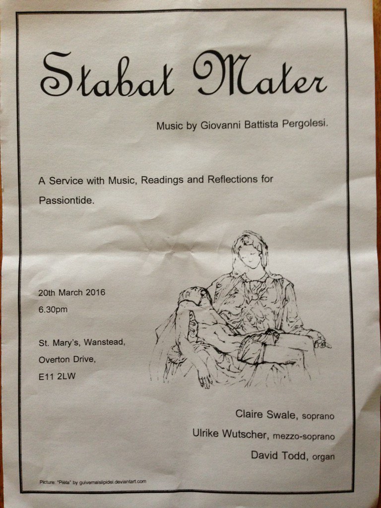 Passiontide concert tomorrow at St Mary's church, 6:30pm. With Clare Swale, Ulrike Wurscher, David Todd