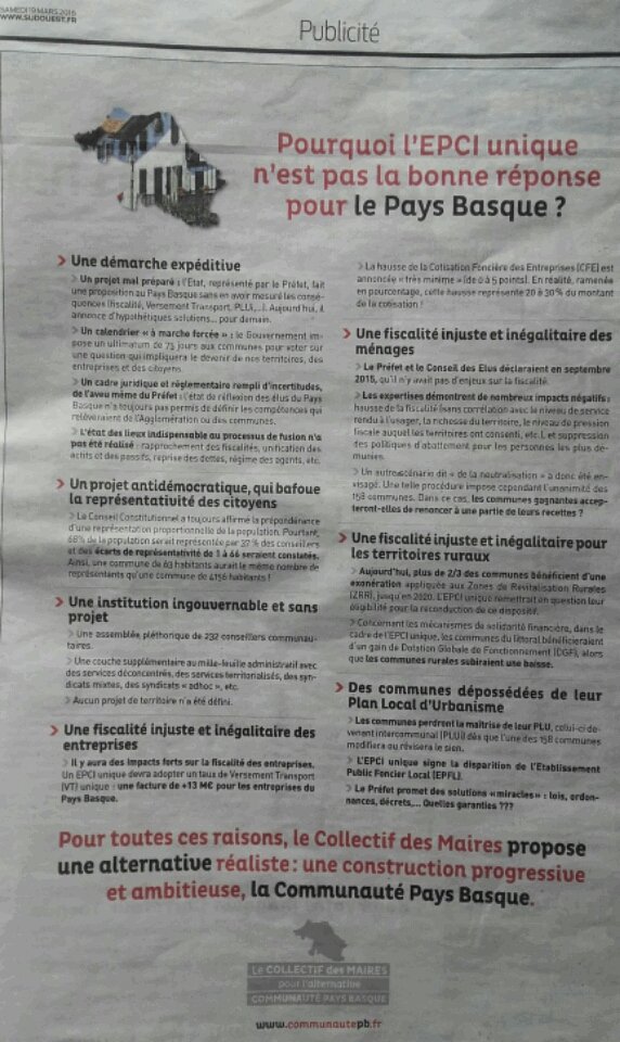 oihanttoa's tweet photo. Coucou @sudouest Pub contre #EPCI 2e jour...Un abonnement? 
Sinon, le financement ? Deniers personnels? #Euskos?😉 https://t.co/hEp7pNPWsk