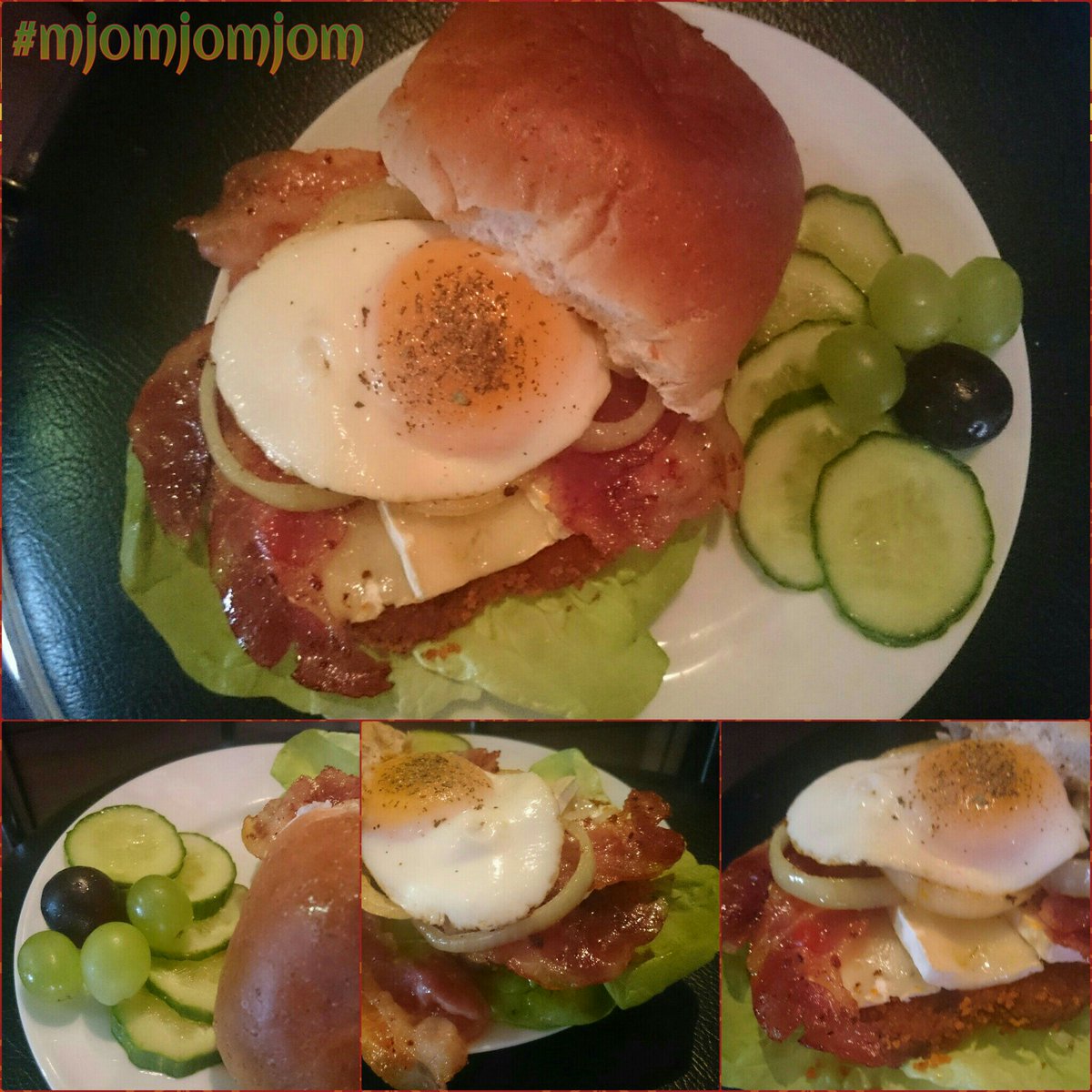 mjomjomjom's tweet photo. Bread, Lettuce, Chicken Schnitzel, French Cheese, Bacon, Grilled Onion, Poached Egg
Cucumber &amp; Grapes
#eetsmakelijk https://t.co/XfHnteDskg