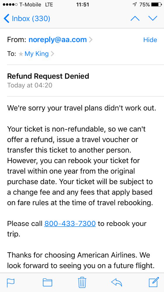My <a href="/AmericanAir/">americanair</a> flight to NY was cancelled b/c weather. had to fly <a href="/Delta/">Delta</a> This was reply to reund rewuest. Bad form.