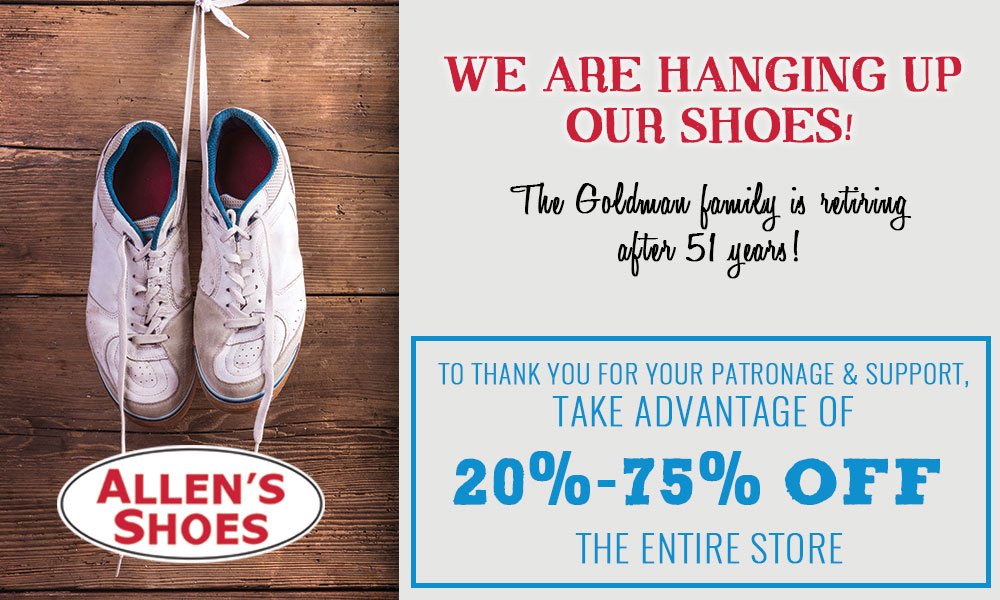 AllensShoeStore's tweet photo. Thank you for the 51 years of support! As a goodbye present, come in and receive up to 75% off our trendiest #shoes. https://t.co/patNwVQGwx
