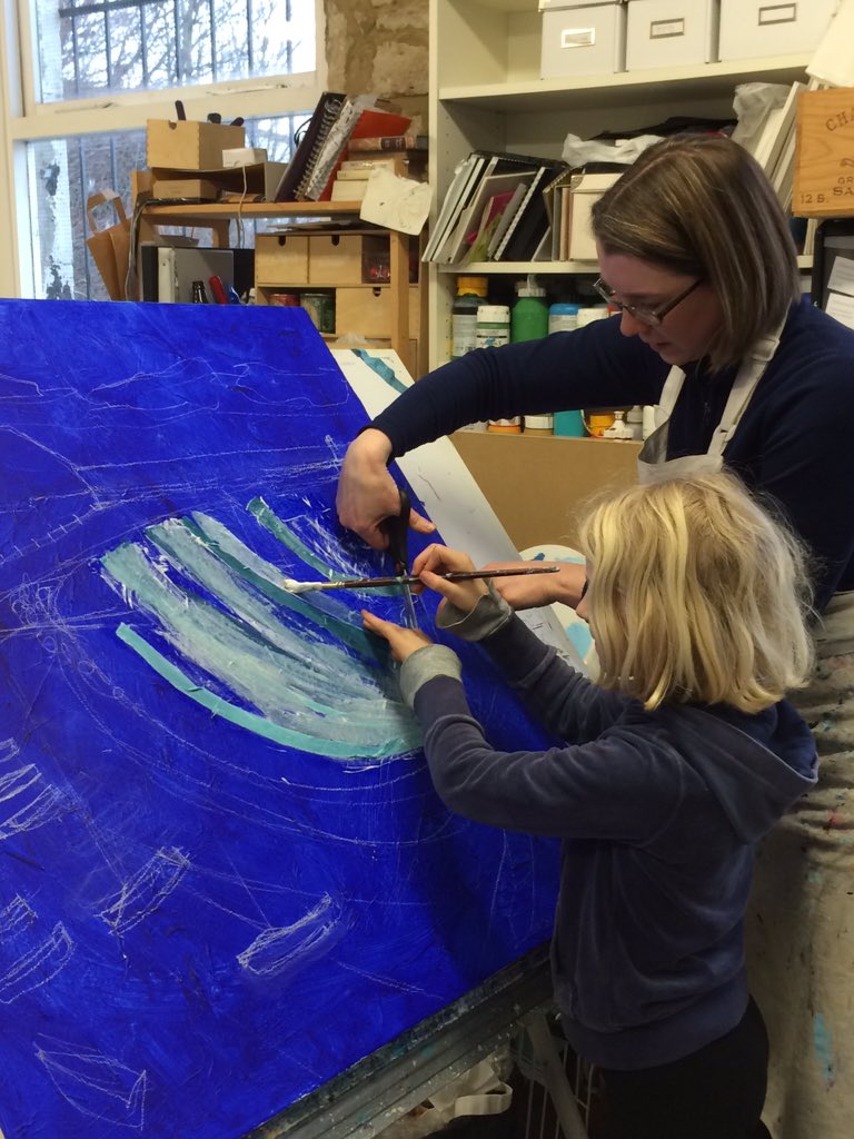 Katiebluesea's tweet photo. Rosie & Ellie loved being allowed to work on an actual @Joanne_Wishart painting! Thank you & @mushroomworks #OOS2016 https://t.co/4AjjTab05W