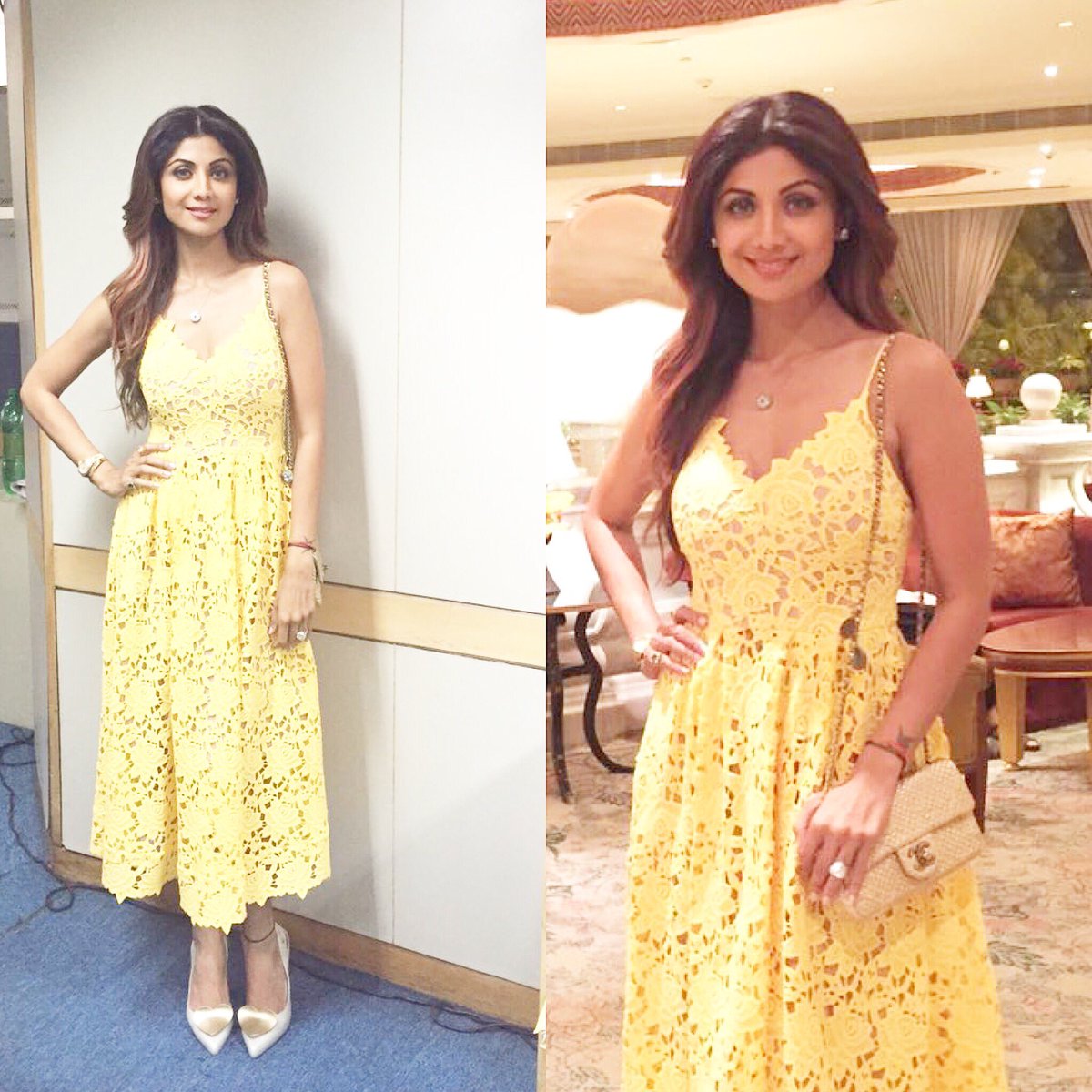 TheShilpaShetty's tweet image. Wearing an H&amp;amp;M lace dress for the #springfever2016 , keeping with the theme😉Spring in my step I head😁