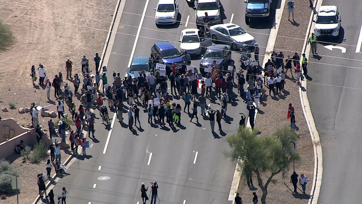 abc15's tweet photo. #BREAKING: Another group of protesters blocking road near SR87/Shea. Watch here: https://t.co/wsQoRGGcfI https://t.co/bUQAjGgjo0