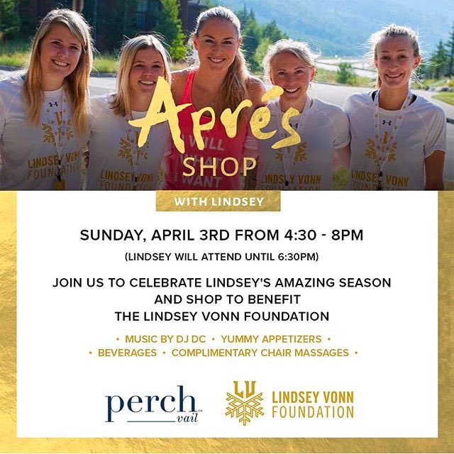 lindseyvonnfans's tweet photo. On April 3rd will be a Aprés Shop Event with @lindseyvonn at @perchvail to support the @LV_Foundation 😊 #LVF https://t.co/mVziCe9re4