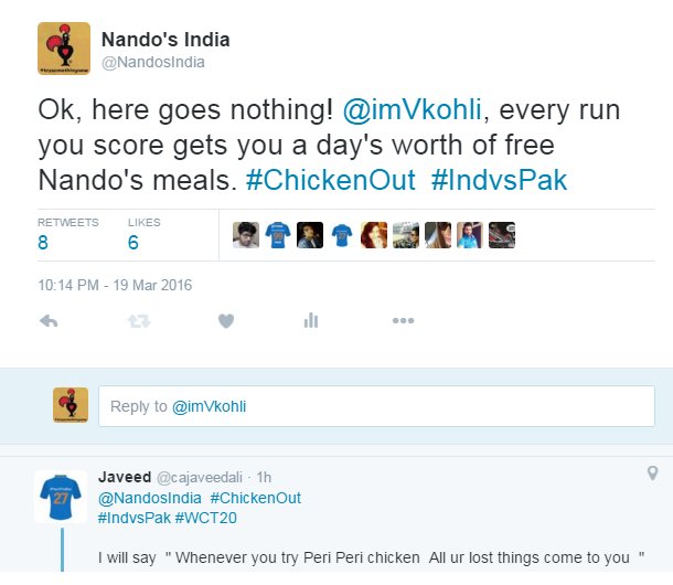 We made a promise a while ago! So happy we made it!! @imVkohli, your 55 days of Nando's meals is on us! #ChickenOut