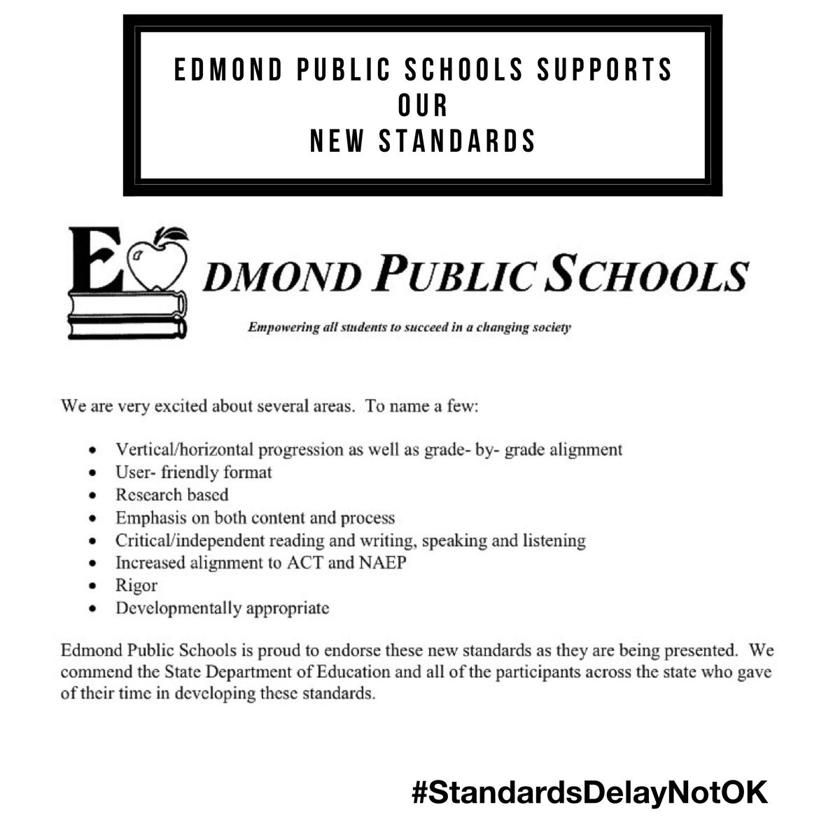 ok4publiced's tweet photo. #okleg @ClarkJolley @AnthonySykes Edmond Public Schools Supports our Standards #StandardsDelayNotOK #oklaed https://t.co/HlNYKBmbdU