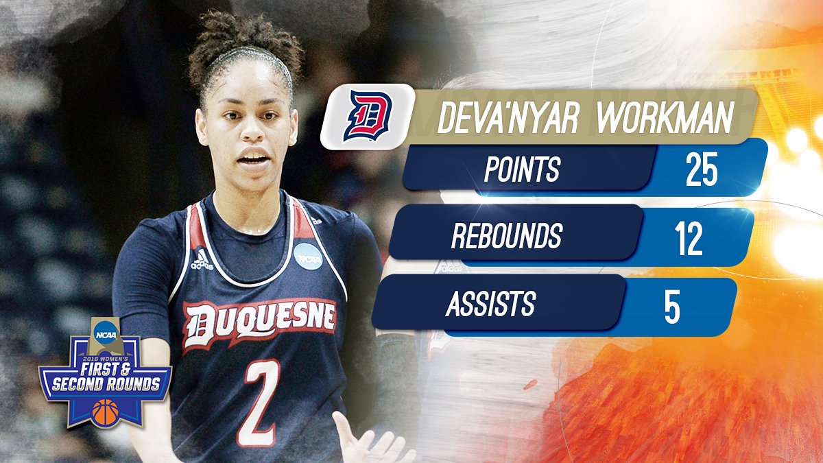 MarchMadnessWBB's tweet photo. #ncaaW IMPACT PERFORMANCE: @DuqWBB's Deva'Nyar Workman! https://t.co/DchMYXrUGn