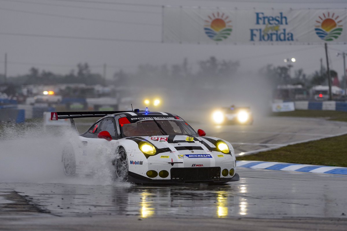 Porsche's tweet photo. Florida rain brings a challenge to the race. Good thing we brought our @MichelinAlley rain tires #Sebring12 https://t.co/hq5JRLkfKv