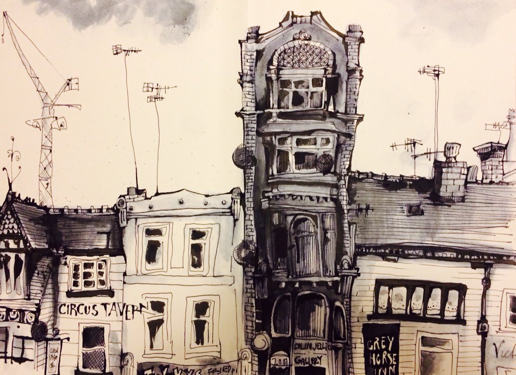 Been wanting to draw Portland St &amp; <a href="/jellicoegallery/">Colin Jellicoe</a> for ages. Did today, while out with <a href="/MCR_UrbanSketch/">MCR Urban Sketchers</a> #Manchester