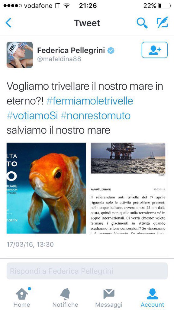 micheleemiliano's tweet image. Anche Federica Pellegrini contro le trivellazioni selvagge. Il 17 aprile vota SI