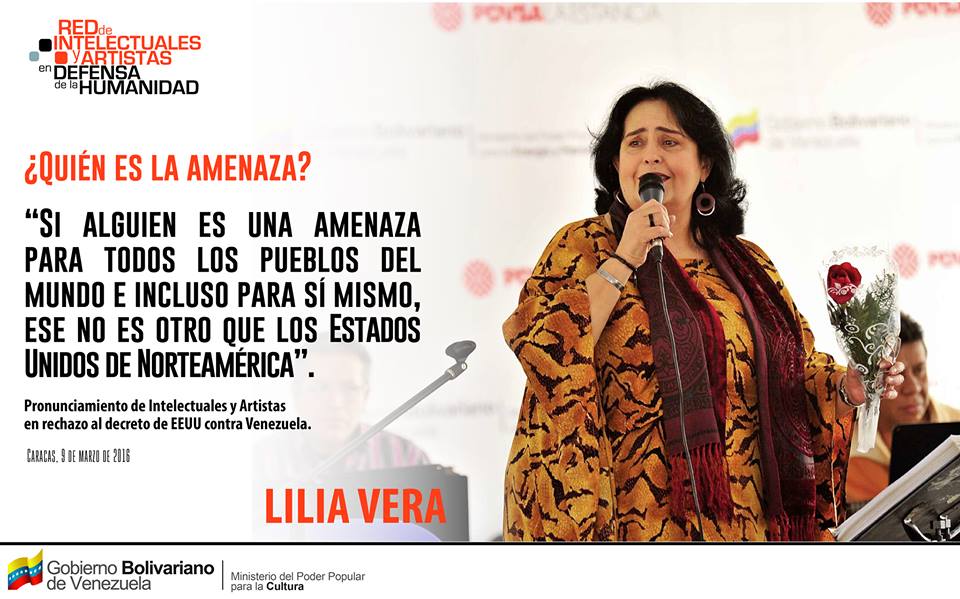 minculturave's tweet image. Lilia Vera, Pronunciamiento de Intelectuales y Artistas en rechazo al decretode EEUU contra Venezuela.