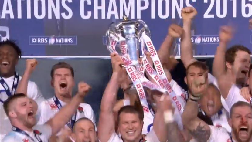 bbcrugbyunion's tweet photo. England captain Dylan Hartley lifts the #6Nations trophy.
#GrandSlam 
Reaction: https://t.co/HqujNCCHkq https://t.co/Dqxv6O6prW
