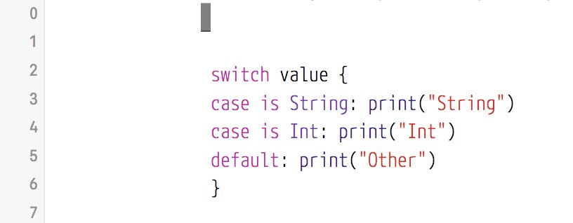 terhechte's tweet image. Easy way of testing types in Swift with a `switch`. I always thought you&apos;d need to do &apos;case let a where a is String`