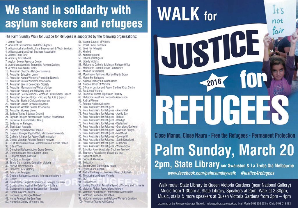 ASRC1's tweet photo. #MELBOURNE it's Palm Sunday Rally for #Refugees today at 2pm!

Join us!

Walk for Justice. #LetThemStay https://t.co/nFHSwkWxIL
