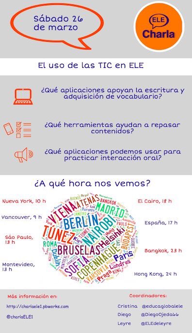 ELEdeLeyre's tweet photo. El próximo sábado os esperamos en #CharlaELE1 para hablar del uso de las #TIC en #ELE @SraSpanglish @CharlaELE1 https://t.co/yoBizgFOQ5