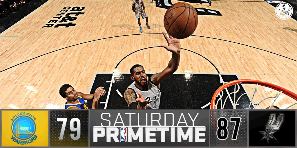 ESPNNBA's tweet photo. Spurs win! Aldridge drops 26 Pts &amp; 13 Reb as San Antonio tops Warriors, 87-79. SAS continues home win streak (44). https://t.co/DyqUVZooDm