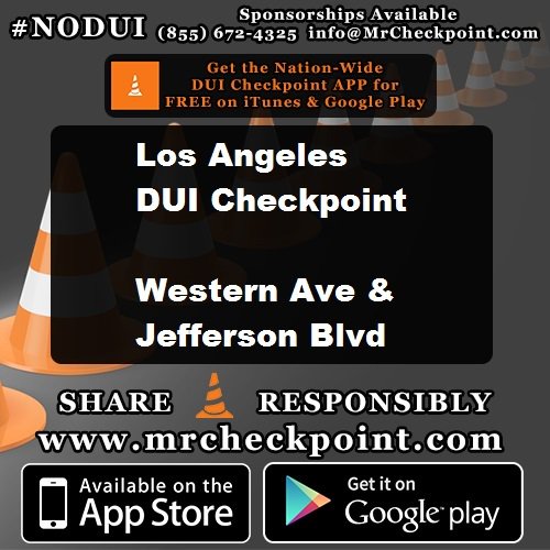 MrCheckpoint's tweet photo. https://t.co/kkizQKLPnd

NOW #LosAngeles DUI Checkpoint Western Ave &amp; Jefferson Blvd

#NODUI #LA #SoCal https://t.co/RijTz8JUF5