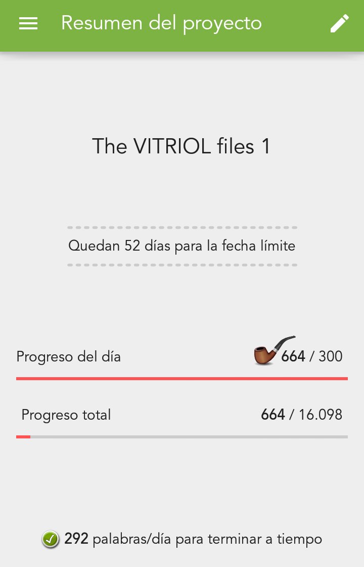 LorenaSGimeno's tweet image. Controlando el nuevo proyecto con #writeometer . Misterio, paranormal y fantasía urbana en #thevitriolfiles