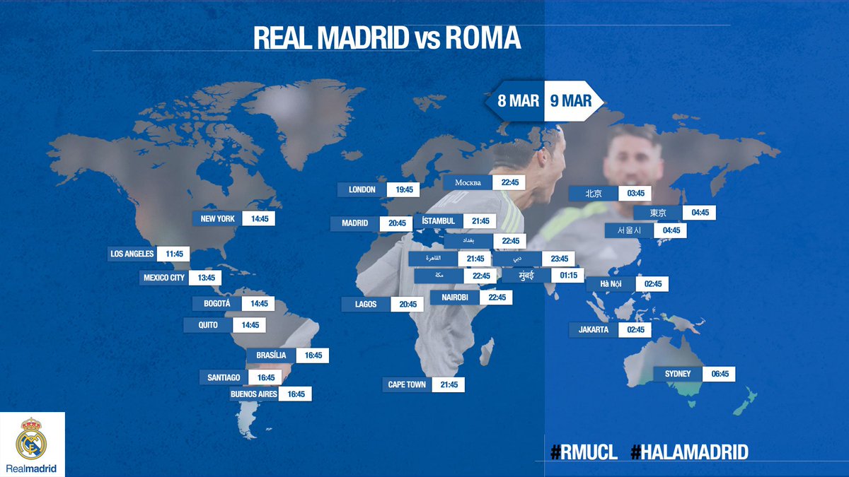 realmadriden's tweet photo. Make sure you don’t miss the match against Roma! Here are the kick-off times in your country.⌚⚽

#RMUCL #HalaMadrid https://t.co/KJAi3MZyms