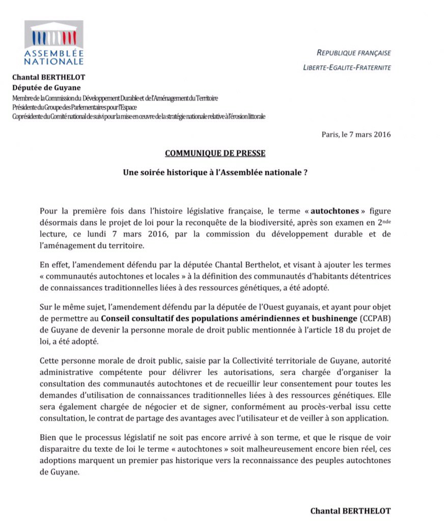 twk973's tweet photo. ⚠️ Guyane : Premier pas historique vers la reconnaissance des peuples autochtones de #Guyane. @ChantalGuyane.
#CCPAB https://t.co/xRRouc2ohp