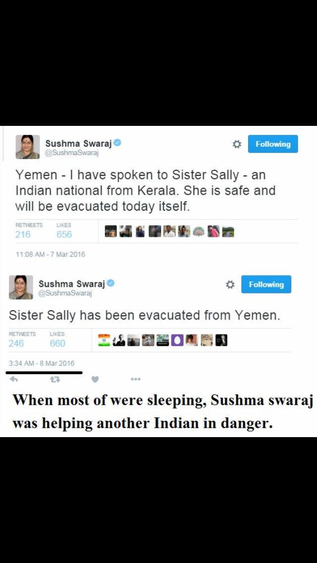 vatrohit77's tweet image. @SushmaSwaraj It was 3.34 AM, 90% Indians were sleeping &amp;amp; She was trying to evacuate a Nurse form YEMEN #acchedin