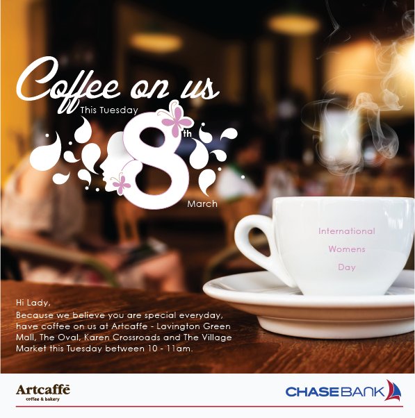 chasebankkenya's tweet photo. Today we have Happy hour for the ladies at @ArtcaffeKenya from 10 AM - 11 AM. Join us. #IWD2016 #ChaseWoman https://t.co/3NFLbd3QX1