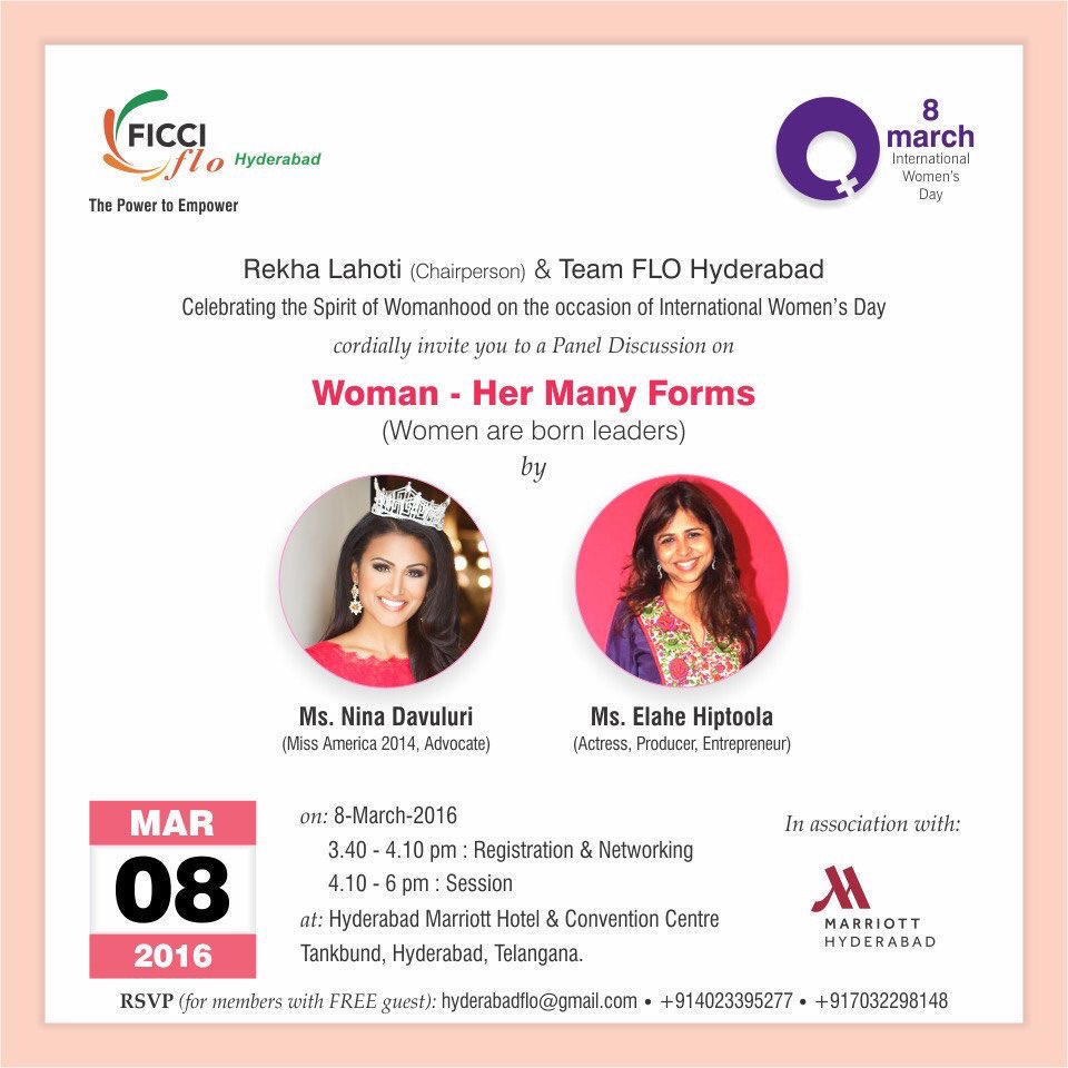 Join me at tonight's event at <a href="/MarriottHyd/">MarriottHyderabad</a> for #WomensDay! Cc: <a href="/rekha_lahoti/">Rekha Lahoti</a> <a href="/flohyderabad/">FLO Hyderabad chapte</a> @elahehip #CirclesOfUnity