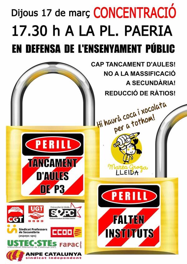MareaGrogaLleid's tweet photo. 17 de març CONCENTRACIÓ en defensa de l'ensenyament públic. https://t.co/eJimNBlBsk
