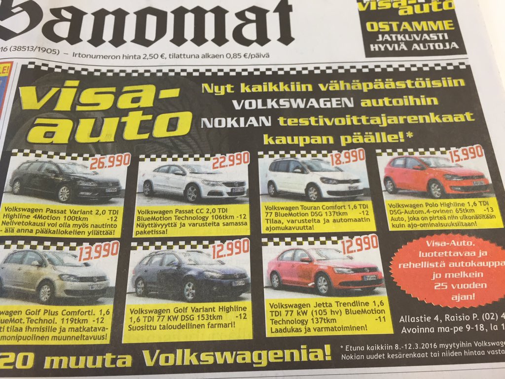 LindqMi's tweet photo. Rehellistä autokauppaa päivän Turun Sanomissa. Repesin. #vuodenmainos https://t.co/K4bNmb97O0