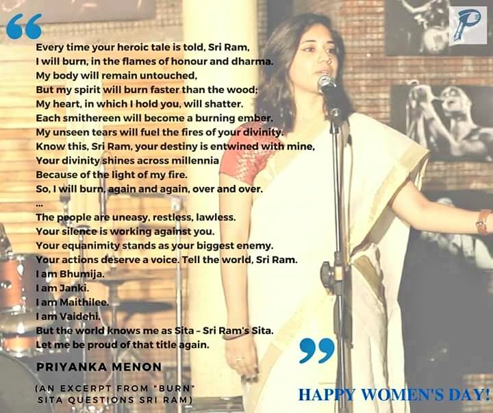 PunePoetrySlam's tweet photo. Happy Women's Day! @priyanka_sme's "Burn" has Sita questioning Sri Ram on honour and dharma. @devduttmyth *excerpt* https://t.co/hEVO92l2M0