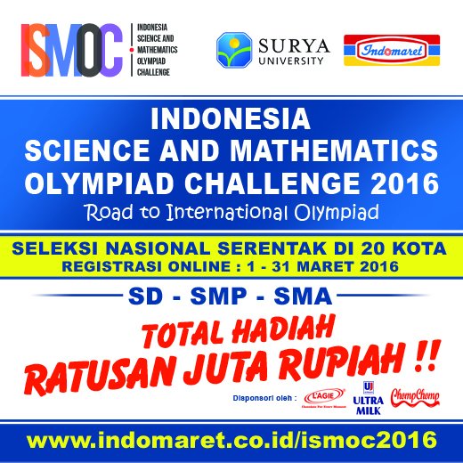 Indomaret's tweet photo. Menangkan hadiah ratusan juta rupiah. Daftar sekarang! @suryauniversity @Indomaret #ISMOC2016 #AimSupport @LagieID https://t.co/9O1kE3RUdk