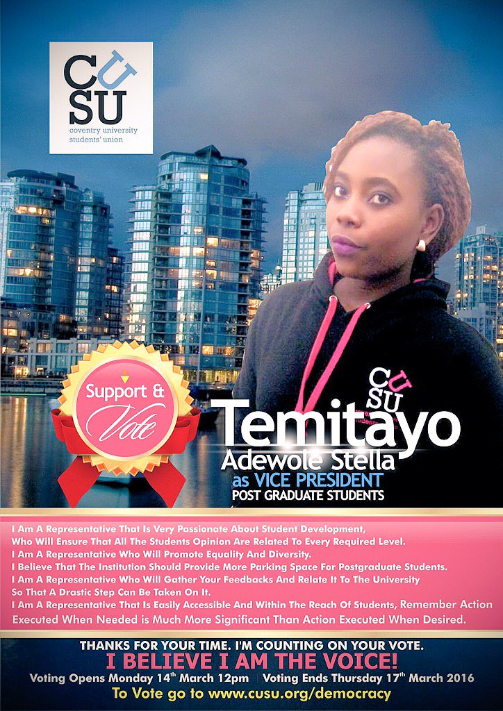 laaurenkate21's tweet photo. Support and vote for Temitayo! 😁 #cusu #coventry #elections #supportandvote #VoteForTemitayo https://t.co/KaNVcNiqY0