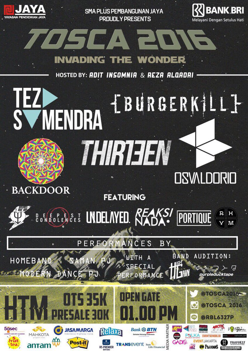 Tosca2016's tweet photo. TOSCA PENSI 2016 // THIS SATURDAY - 12TH MARCH 2016 // @ SMA PLUS PEMBANGUNAN JAYA BINTARO! https://t.co/y1HACHxOO1