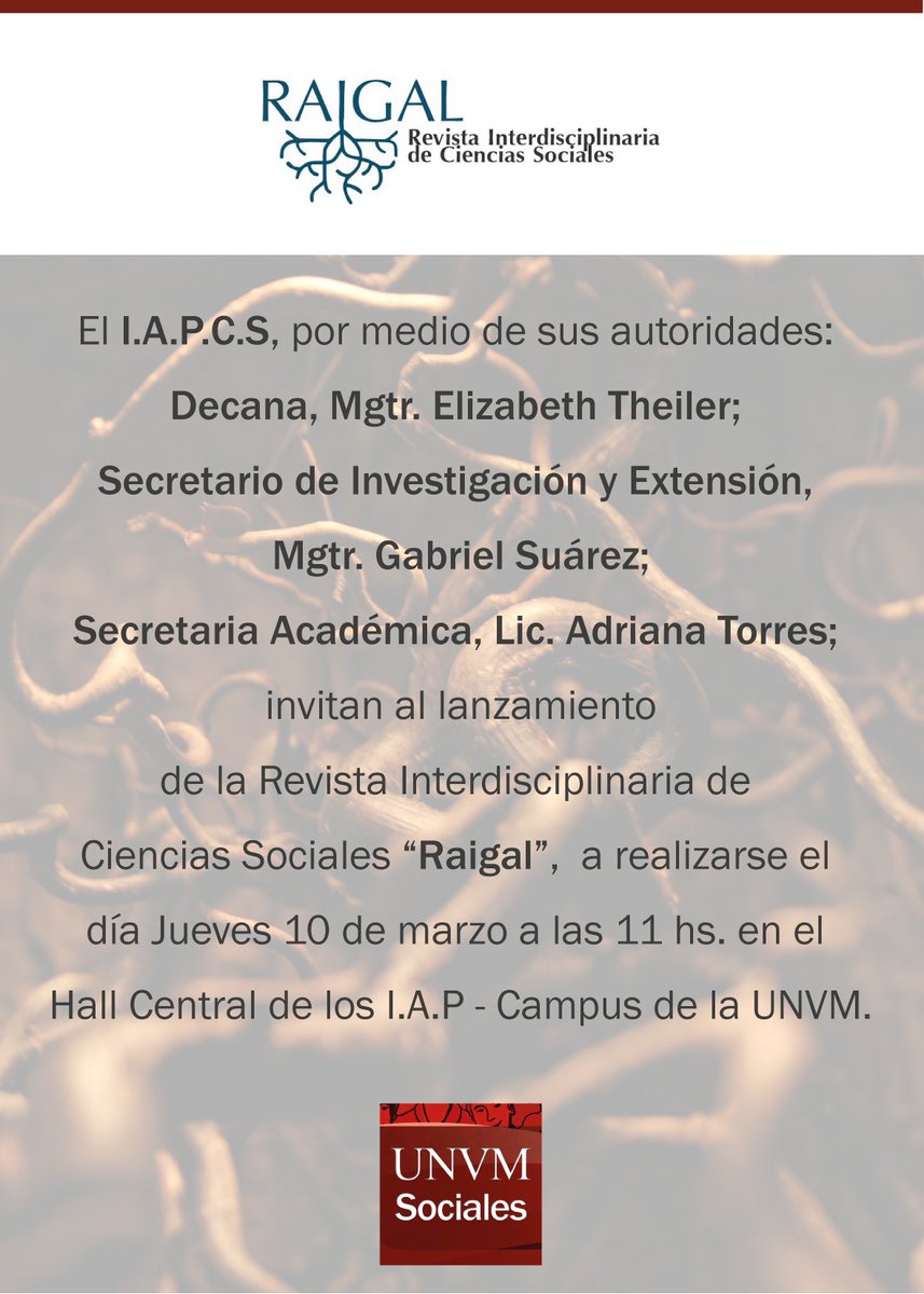RevistaRaigal's tweet photo. Los invitamos a la presentación del #1 y el lanzamiento de la temática del Dossier del #2. Agradecemos la difusión! https://t.co/JCpTuucum3
