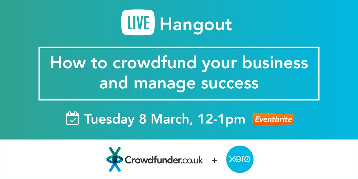 LIVE Hangout! How to crowdfund &amp; manage your success
Ask Q's on #CFXero

🕧 Today @ 12pm
📍youtu.be/gq50c4dfJ0E