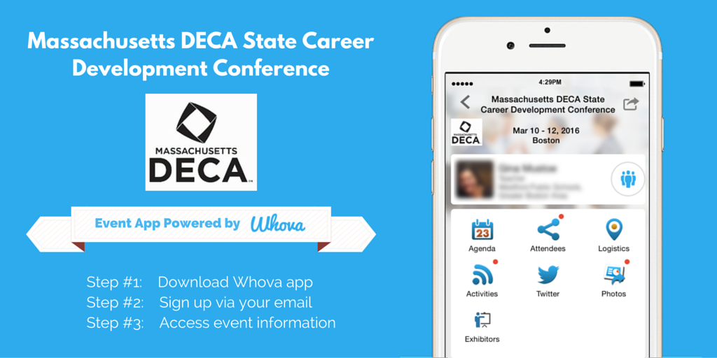 WhovaSupport's tweet photo. #MASCDC16 is going to be a great conference! Download #WhovaApp to network, receive updates, &amp; more! @Mass_DECA https://t.co/7Hq4GC9OiJ