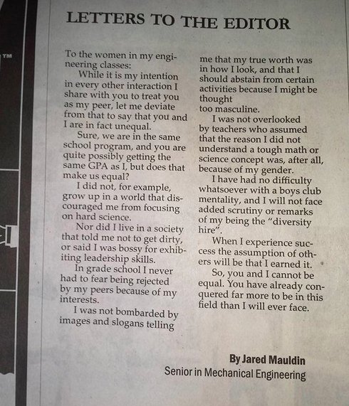 This letter from a male engineering  student perfectly sums up the struggle for equality in #STEM 
#IWD2016