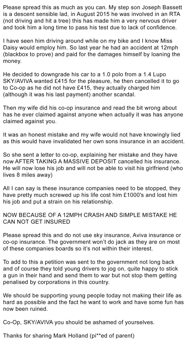 markthedutch's tweet photo. Please share the hell out of this huge injustice. #AvivaUK #skyinsurance #coopinsurance #supportyoungdrivers https://t.co/7mpml8YvCG