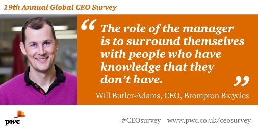 PwC_UK's tweet image. Video: Hear @Will_Brompton CEO @BromptonBicycle on investing in workforce. pwc.to/1TXHOmO  #CEOSurvey