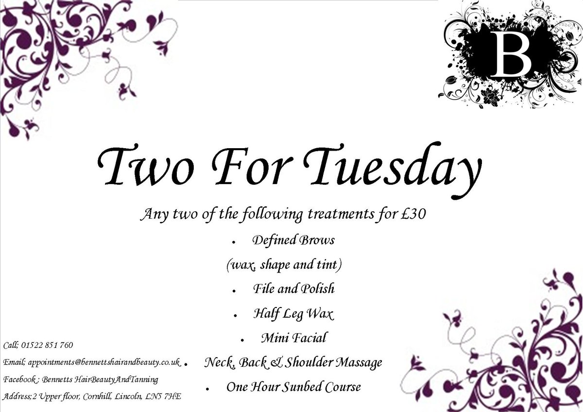 BennettsHBT's tweet photo. Two For Tuesday at Bennetts. Choose any 2 Services from the list below for £30. 
call us to book on 01522 851 760. https://t.co/cIFtXsShbU
