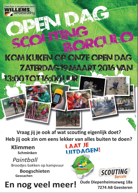 Open dag Scouting Borculo zaterdag 19 maart 2016 van 13.00 tot 16.00. Locatie Oude Diepenheimseweg 18A Geesteren.