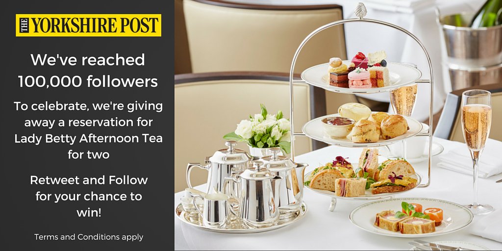 yorkshirepost's tweet photo. 100k Followers! Follow &amp; RT for a chance to #win Lady Betty Afternoon Tea to for 2 with @Bettys1919. #YPBettys 1/2 https://t.co/O5eFCI6h6i