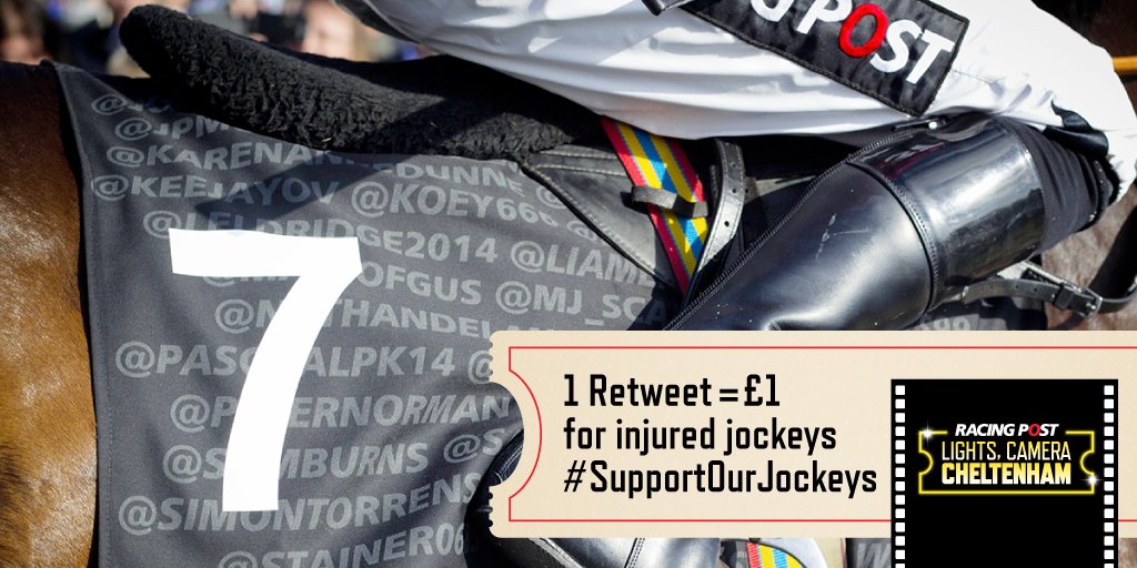 RacingPost's tweet photo. For every RT using #SupportOurJockeys we will add £1 to a fund to be donated to the @IJF_official &amp; @InjuredJockeys https://t.co/FcmuMYkxfA