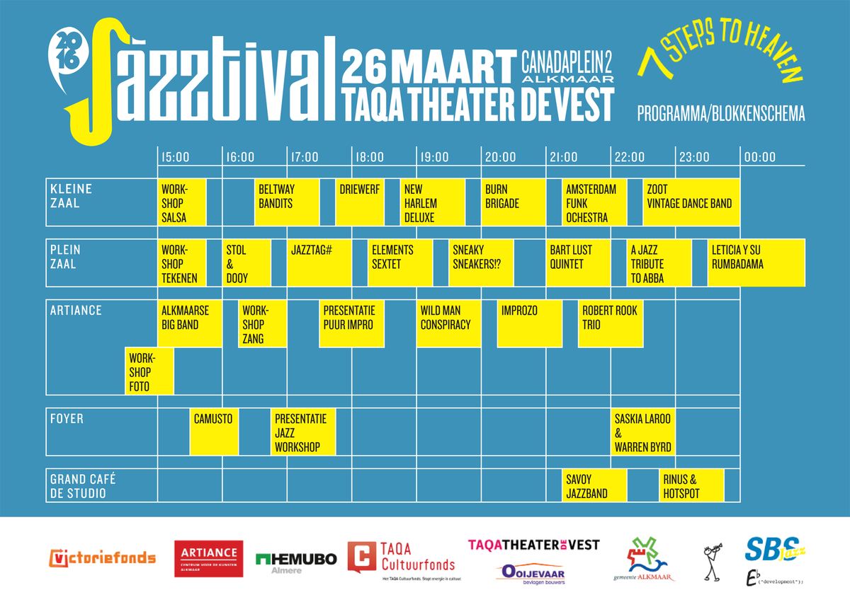 Jazztival's tweet photo. Het blokkenschema voor de 7e editie van #Jazztival in #Alkmaar! Interactieve versie of pdf: https://t.co/gaBgBWy9RE. https://t.co/zNYG7gdxTD